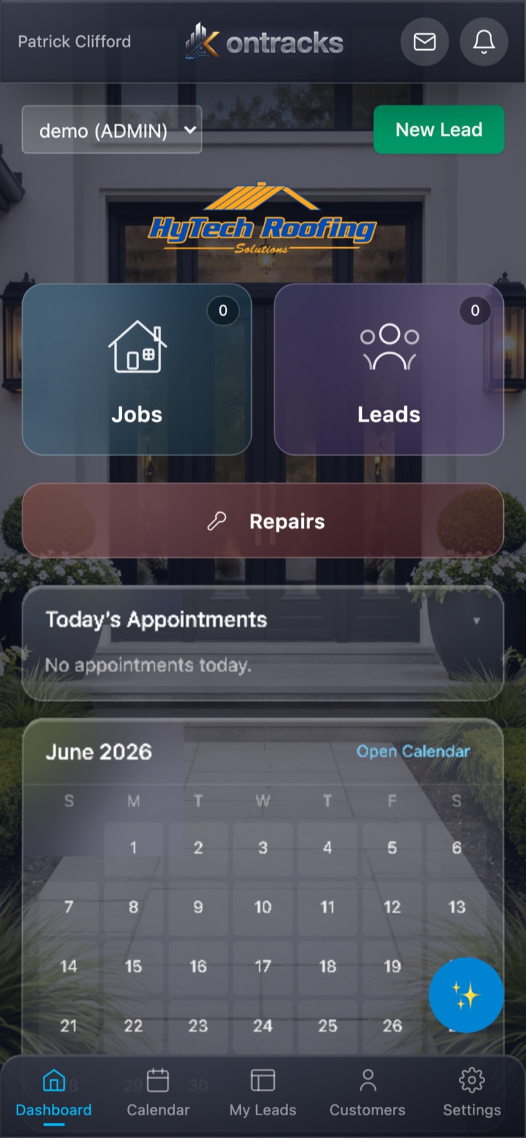 Kontracks field app dashboard on iPhone — jobs, leads, appointments, and calendar