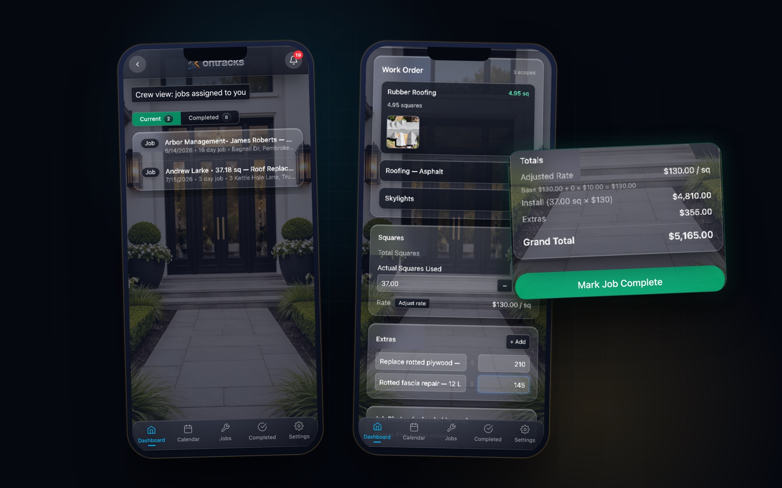 Kontracks crew field app on iPhone — assigned jobs and job detail with extras and mark-job-complete