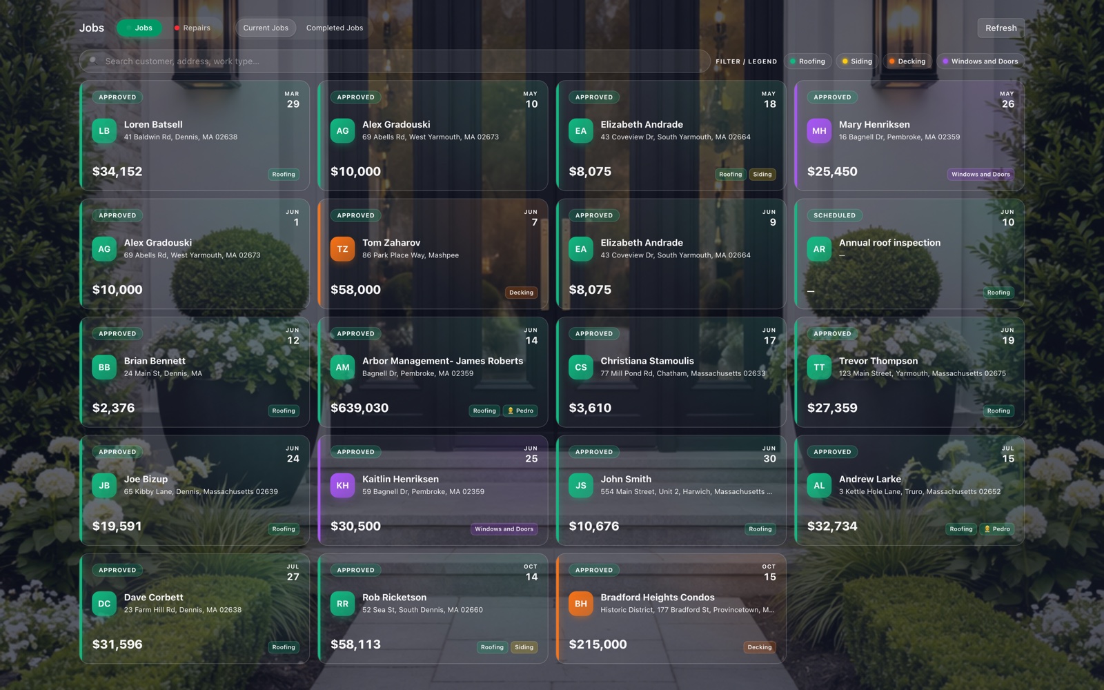 Kontracks jobs board with color-coded work orders
