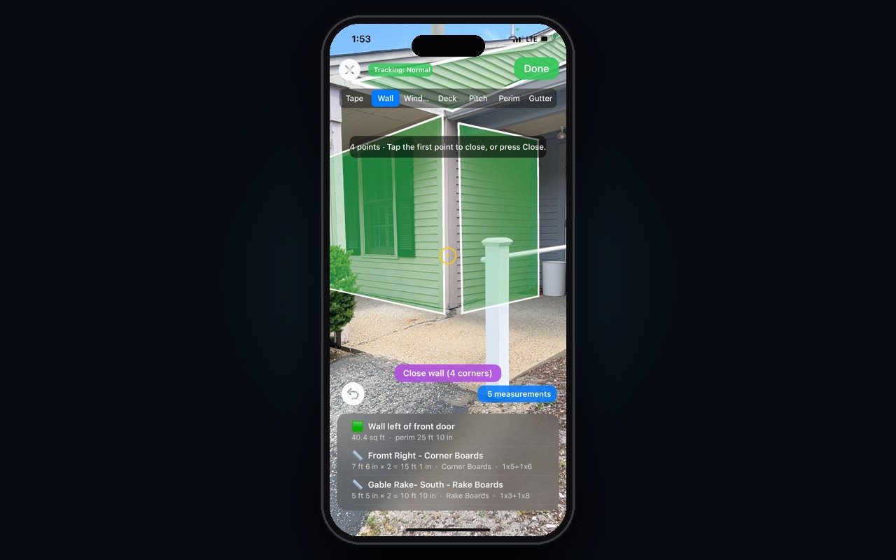 LiDAR scanning a wall on-site with the iPhone AR tool — a wall surface measured at 40.4 sq ft